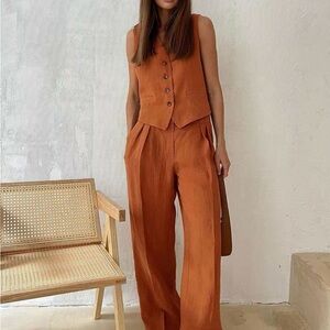 Commense Terracotta Wide Leg Pants & Vest Set